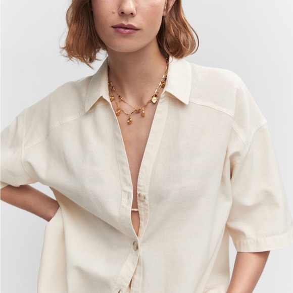 MANGO Cotton linen blend shirt short sleeve button down size large in color sand - Picture 2 of 8